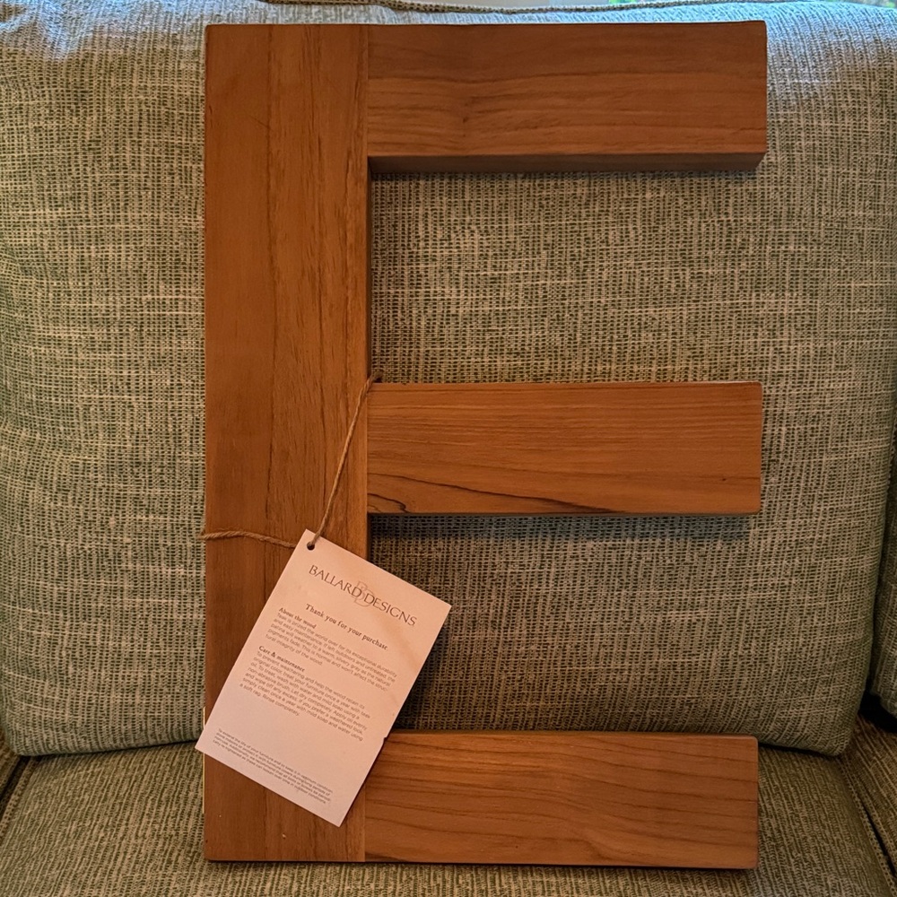 Ballards Design large wood letter “E”. New with tags. 20 inches tall by 13 1/2